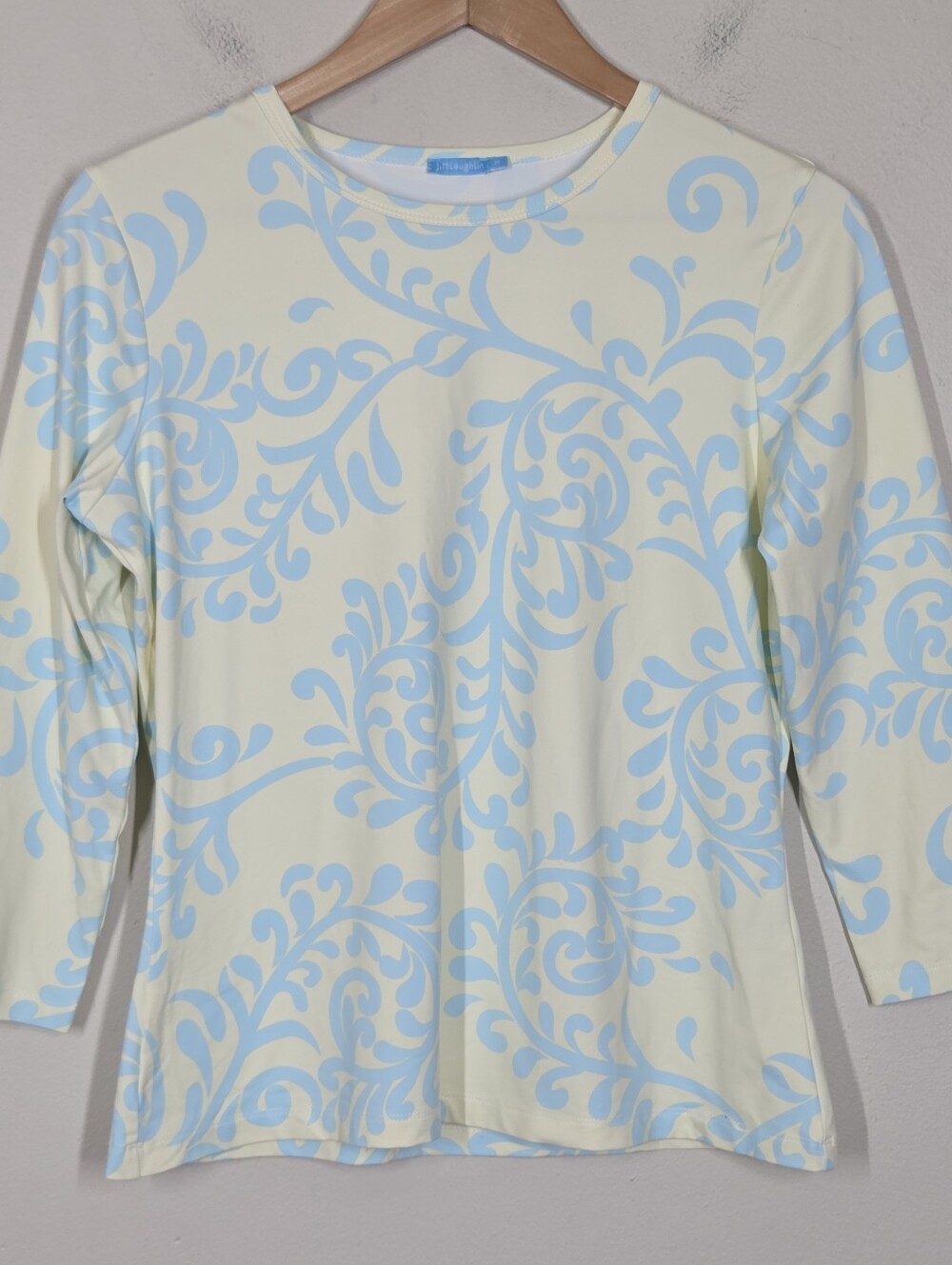 J. Mclaughlin Butter Yellow Blue Vine Scroll Catalina Cloth 3/4 Sleeve Top M
